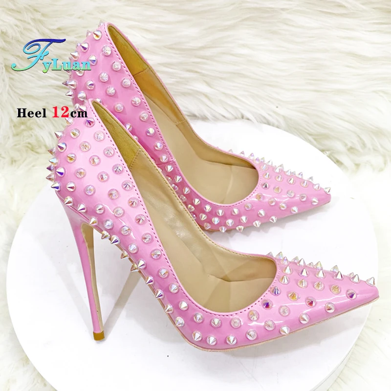 New Pink All Spikes Rivets Women Pumps 8 10 12CM Super Thin Heel High-heeled Heels Party Nightclub Fashion Shoes Plsu Size 46