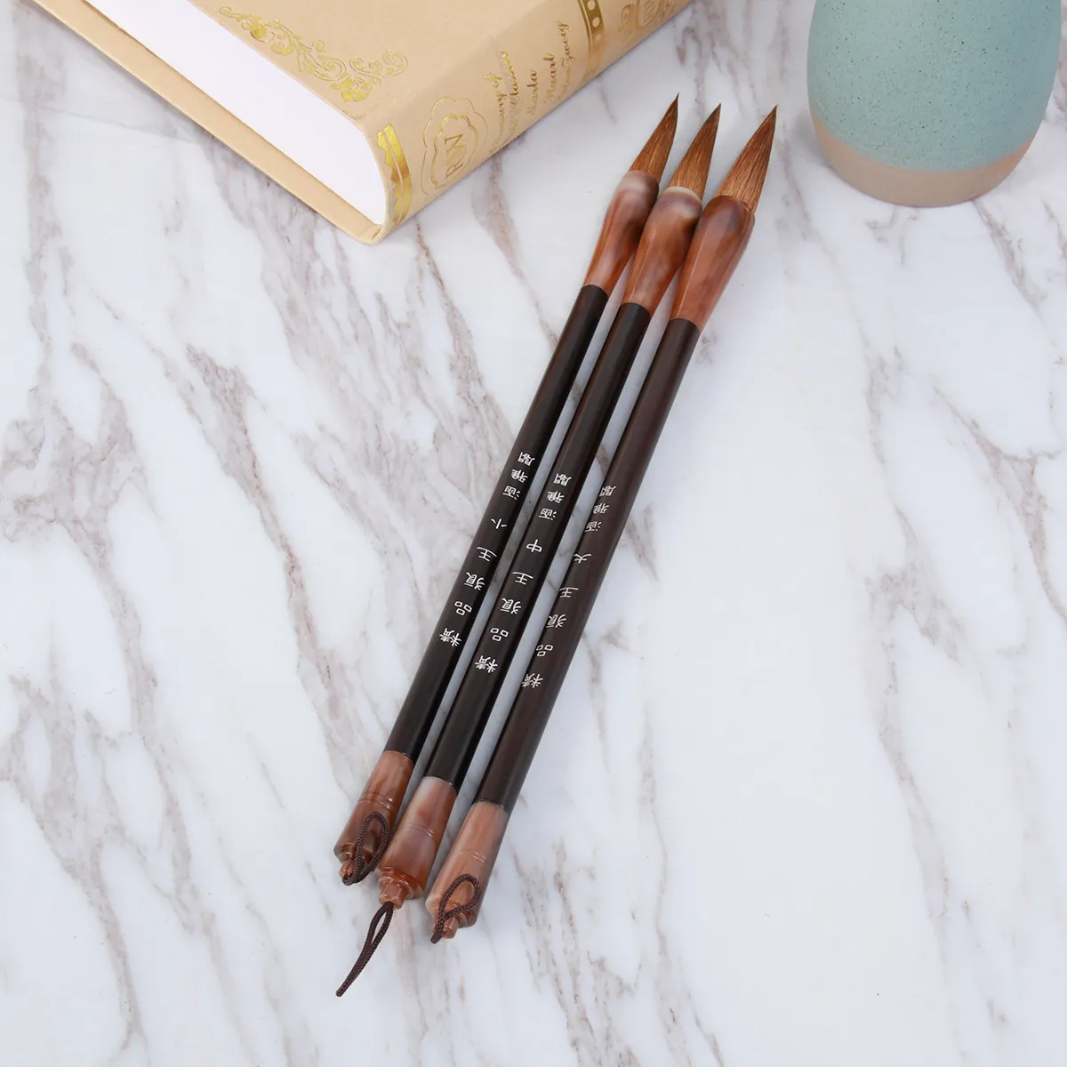 

Набор из 3 кистей для китайской каллиграфии ручной работы, с наконечниками из волчьего волоса, деревянной ручкой, для рисования тушью суми, кисть для письма из волчьего волоса L