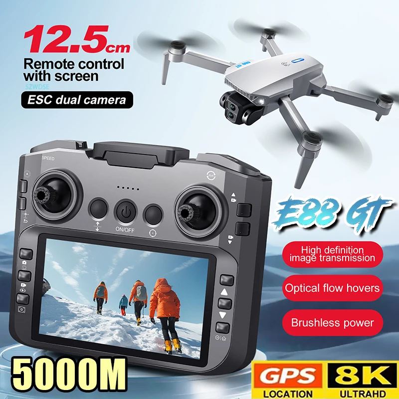 E88GT 4.3-inch Large Screen Drone Brushless Dual Camera Aerial Photography 8K HD Optical Flow Remote Control Aircraft Boy Gift
