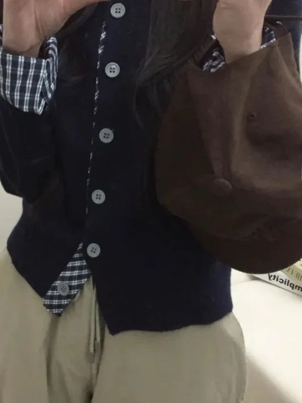 Kardigan damski w kratę lub dzianinowy sweter w stylu koreańskim, luźny krój, jesienno-zimowy, imitacja dwuczęściowego kompletu.