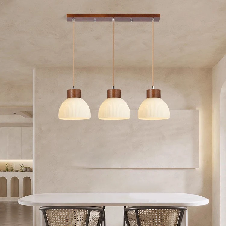

Walnut Dining Room Chandelier LED Glass Three Color Dimming bar Hotel Decoration Full Spectrum of Original Wood Color Chandelier