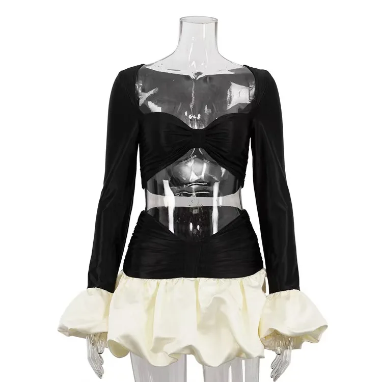 Sexy Crop Top Flared Sve High Waist Puffy Skirt Set Color Blo Faion Women's Autumn Long Sve Slim Fit Outfit