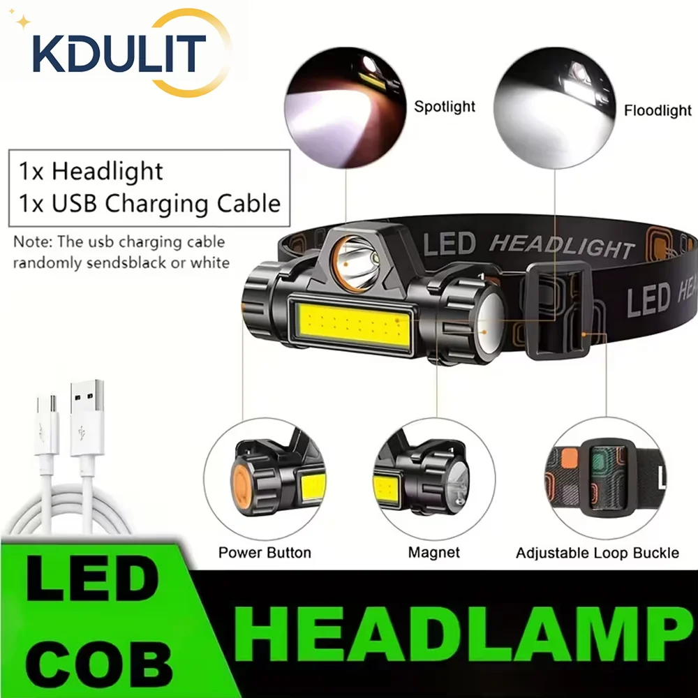 COB LED Powerful Headlamp USB Rechargeable Lamp with Magnetic Super Bright Waterproof Head Torch for Outdoor Fishing Camping