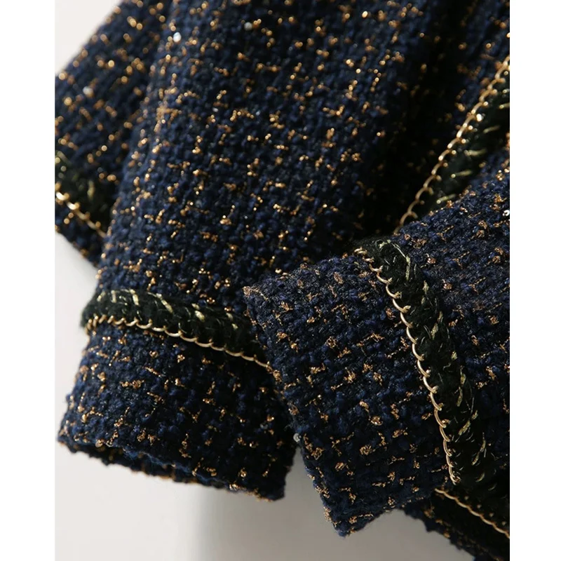 Small Fragrant Navy Blue Gold Silk Elegant Office Coat Women Spring  Autumn New Fashion Casual Long-sleeved Cardigan Tweed Coat