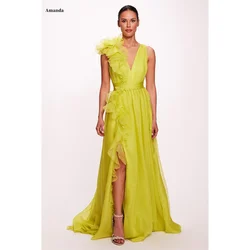 Amanda Yellow Chiffon Prom Gown V-neck A-line Evening Formal Elegant Sleeveless Floor-Length Side High Split Party Dresses 2024