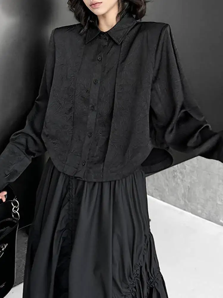 Mulheres preto texturizado tamanho grande elegante blusa curta nova lapela camisa de manga longa moda maré primavera outono