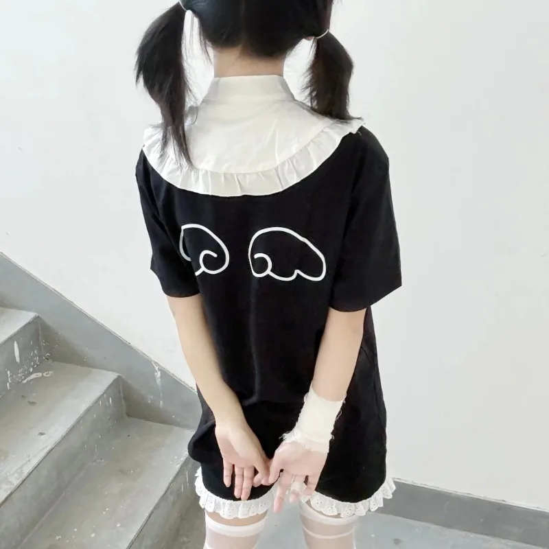 Japanese Kawaii Cat Cartoon Cute Lolita Tops Y2k Aesthetic Lace Patchwork Crop Tees Grunge Contrast Color Vintage Fairy T-shirts