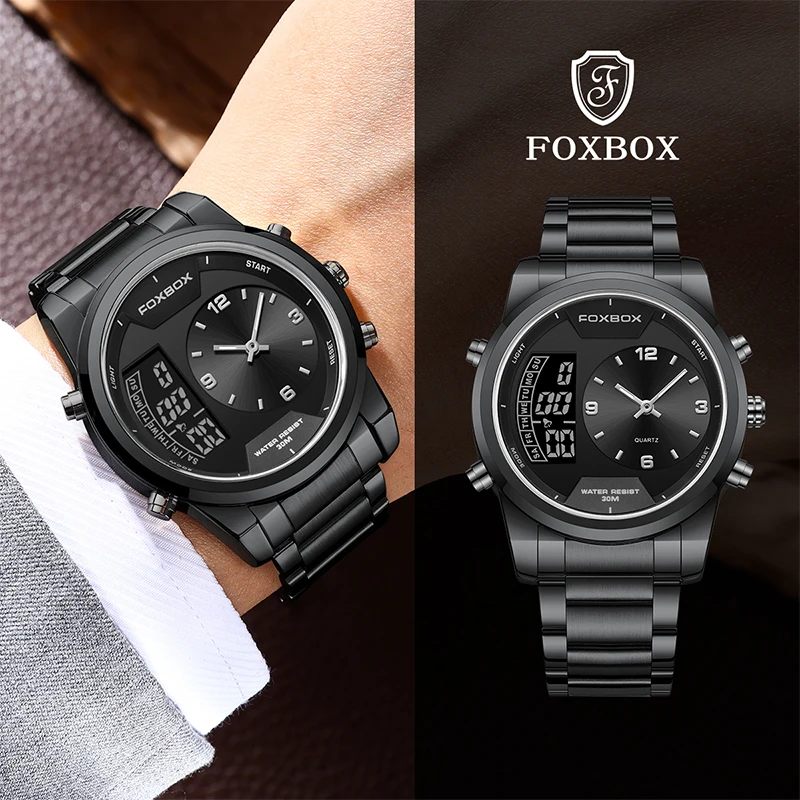 

Top Luxury Brand FOXBOX Sport Men Watches Quartz Chronograph Analog clock Stainless steel Waterproof Military WristWatch For Man