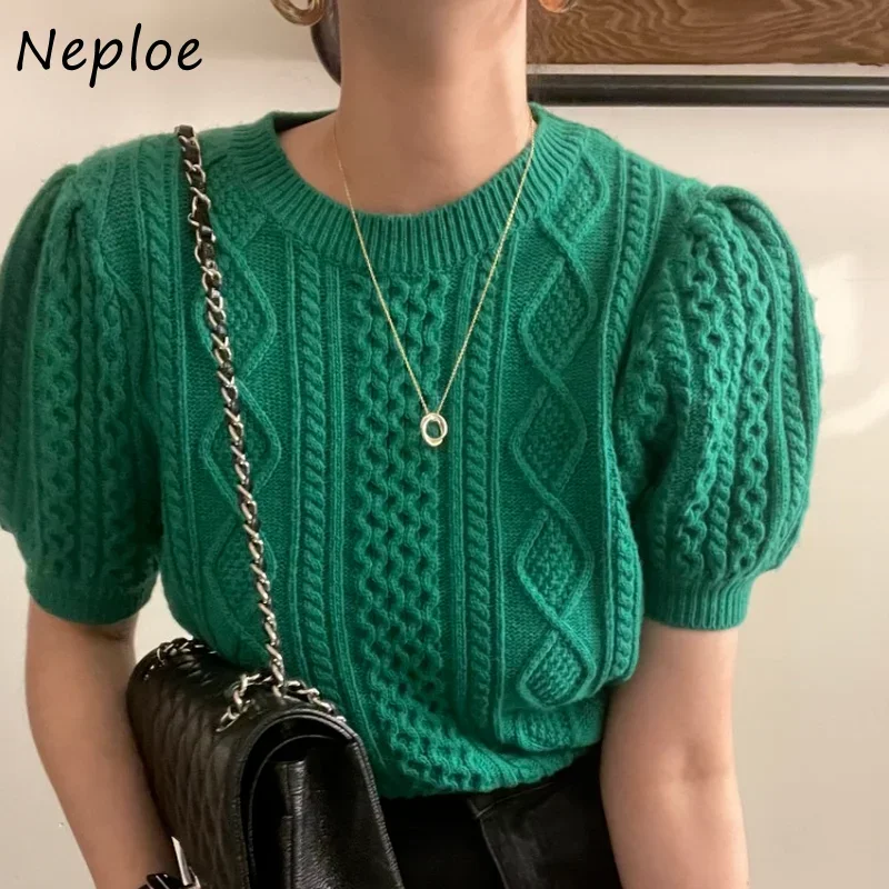 Neploe Retro Temperament Crewneck Sweaters Women Hemp Pattern Short Puff Sleeve Knit Crop Top Woman 2024 New Knitwear Pullover