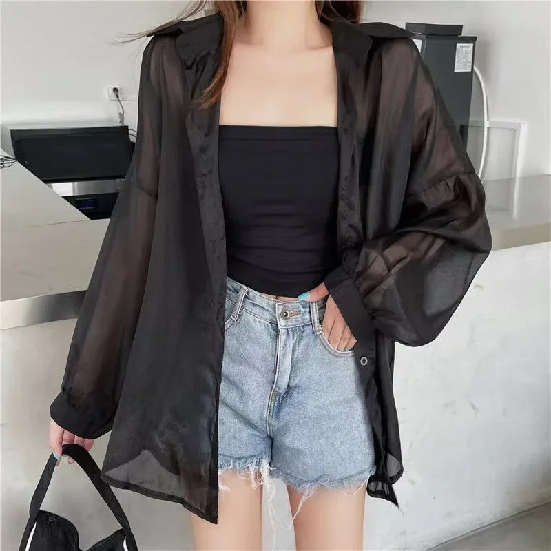 Women Sunscreen Shirt Long Sleeve 2024 Summer Thin Transparent Blouses Lady Coats Femal Casual Loose Shirts Fashion Streetwear