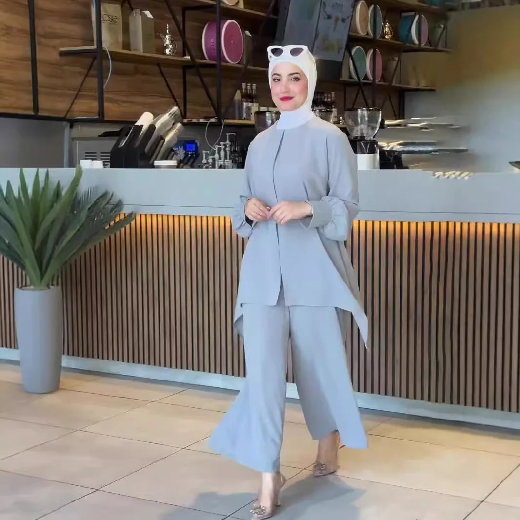 Muzułmański dwuczęściowy zestaw damski: top, szarfy, spodnie z szerokimi nogawkami, garnitur, Ramadan, Maroko, Dubaj, Islam, strój codzienny, damski, arabskie stroje
