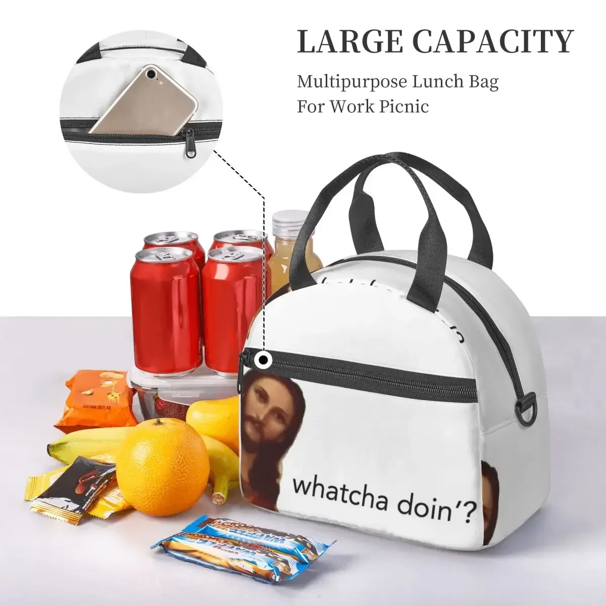 

Jesus Whatcha Doin Lunch Bags Insulated Bento Box Lunch Tote Resuable Picnic Bags Cooler Thermal Bag for Woman Student Travel