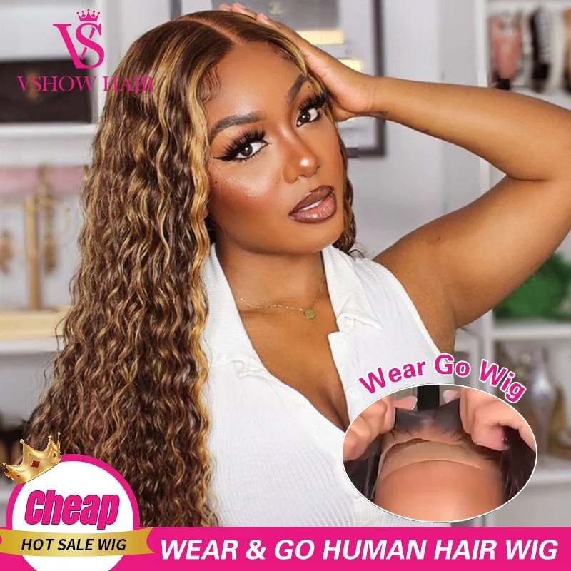 

Water Wave P4/27 Highlight Glueless Wig Preplucked 6x4 HD Lace Closure Wig Ready To Go Honey Blonde Straight Lace Front Human Hair Wigs On Sale For Women