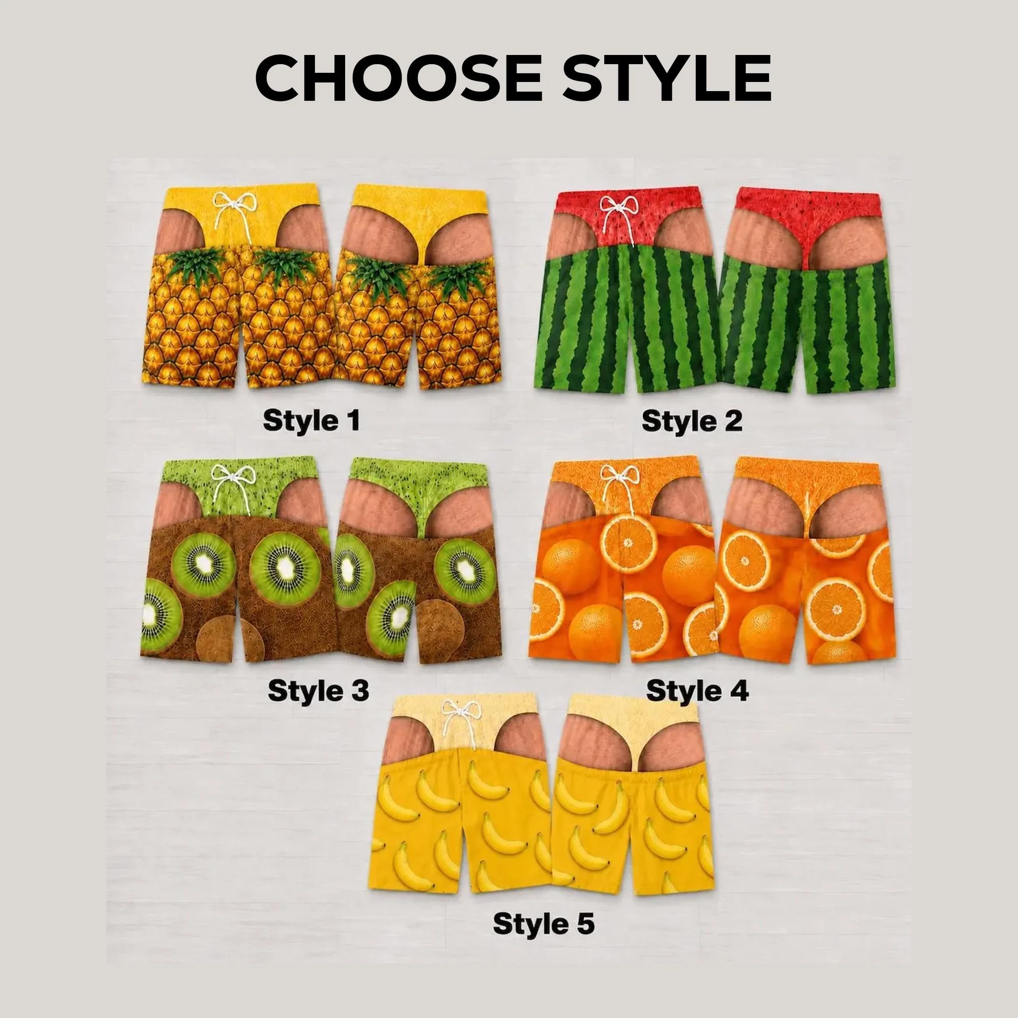 Men Funny 3D Fruit Print Fake Two-Piece Beach Shorts Pineapple Watermelon Kiwi Optical Illusion Boardshorts Summer Party