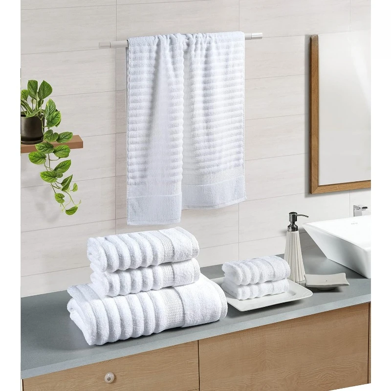 Ribbed Cotton Bath Towels - Soft, Absorbent Towel Set for Bathroom - 6 Piece Set With 2 Bath, 2 Hand & 2 Washcloths