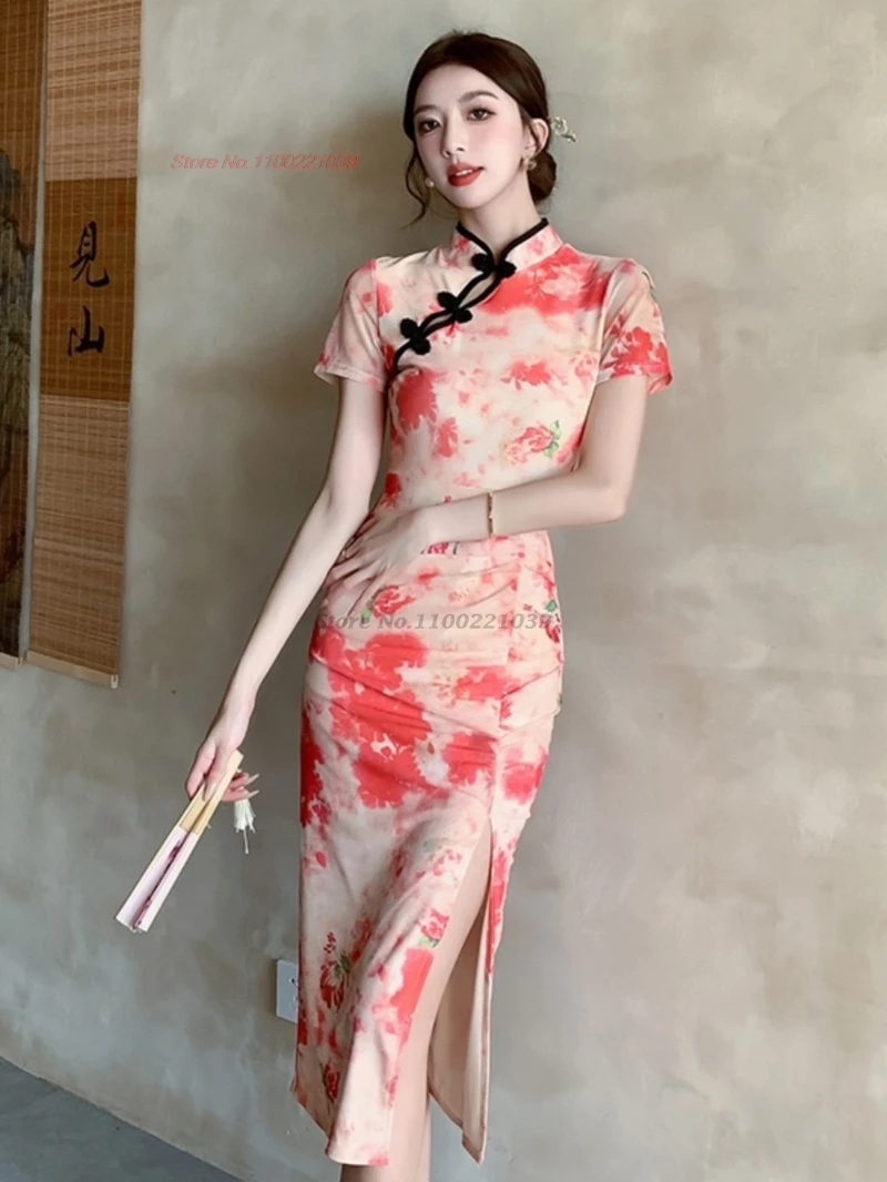 

2025 oriental sexy nightclub dress improved cheongsam national flower print qipao dress retro banquet evening dress vestido