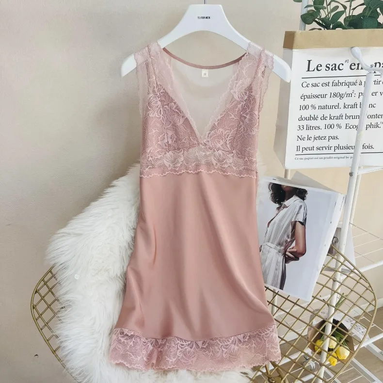 V-Neck Lady Nightgown Summer New Chemise Sleepwear Sexy Nightdress Dressing Gown Lingerie Female Silky Satin Lace Home Dress