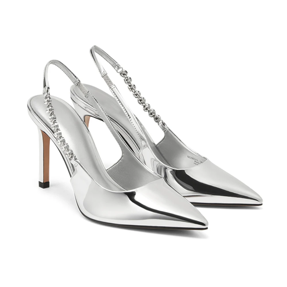 

FWRD Women's Metallic Patent Leather Pointed-Toe Rhinestone Slingback High-Heel Sandals, Comfortable for Parties #FWRD000268