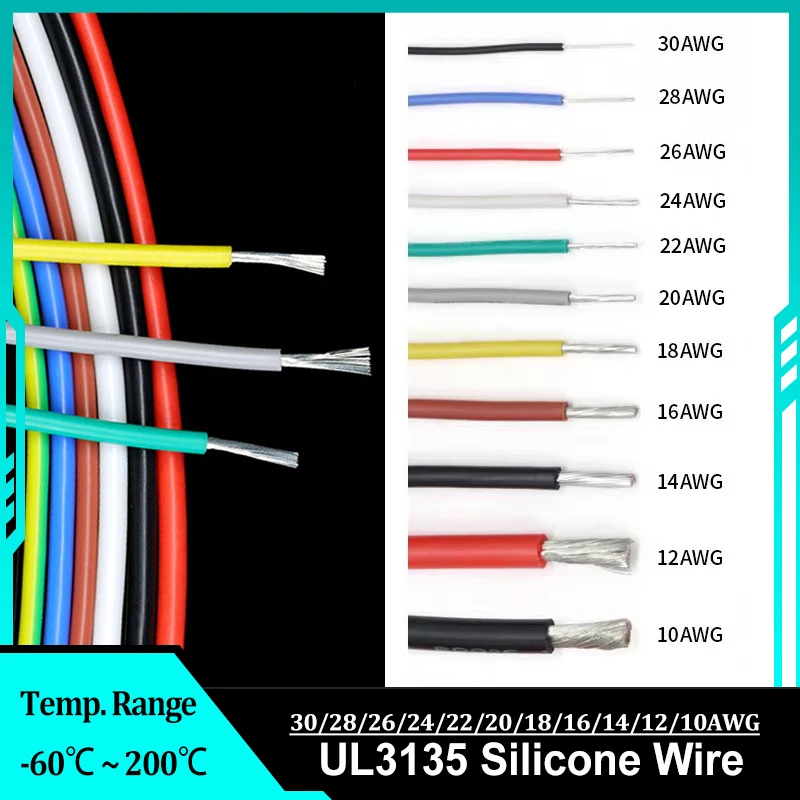 

UL3135 Soft Silicone Wires 10/12/14/16/18/20/22/24/26/28/30AWG High Temperature Rubber Insulated Power Cord Tinned Copper Cables