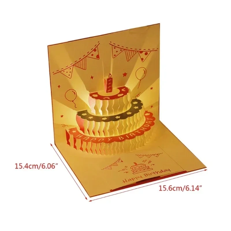 3D Musical Birthday Cake Card LED Light Pop-Up Greeting Cards with Envelope for All Occasion Girl Kid Wife Postcards