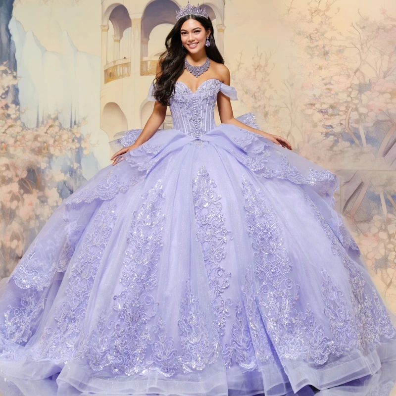 

Lavender Quinceanera Dresses Ball Gown Off The Shoulder Applique Lace Beading Crystal Tull Sweet 16 Dress Vestidos 15 De Anos