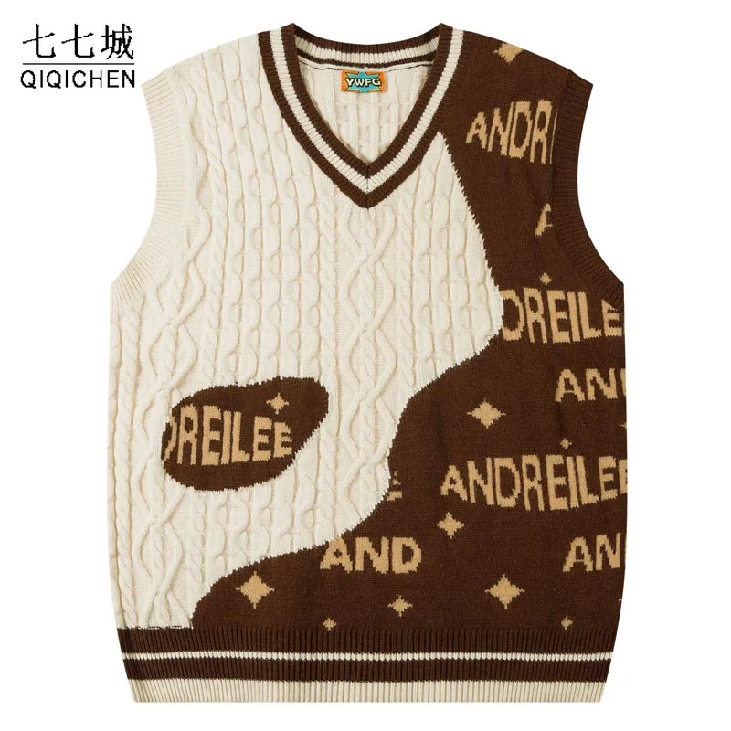 Women Knitted Sweater Vest Men Cartoon Harajuku Color Block Letter Oversize Sweaters Japanese Casual Jumpers Autumn Streetwear