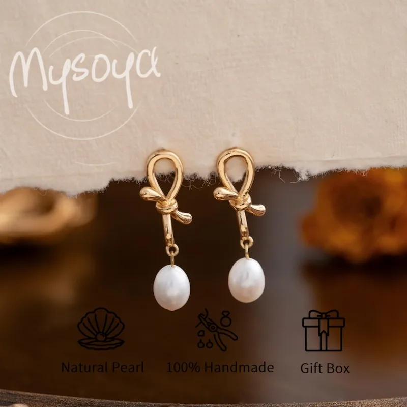 

MYSOYA White Rice-Shaped Freshwater Pearl Bow Earrings 7-8mm With Gift Box Birthday/Wedding/Christmas/New Year Gift For Her/Him