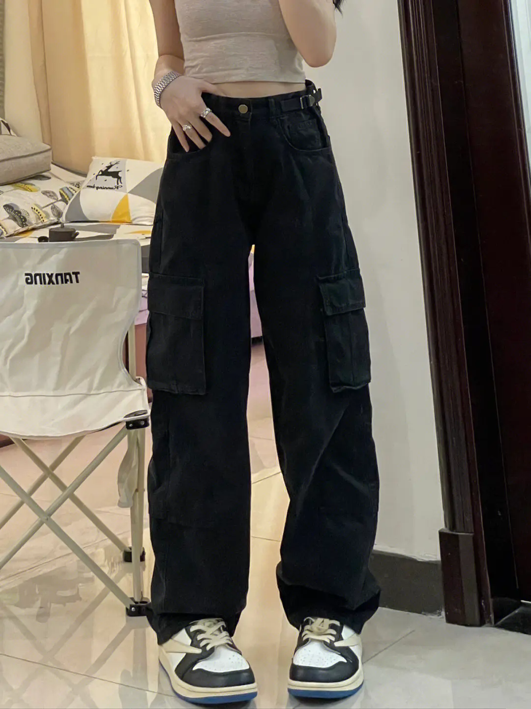 AA Women Vintage High Waist Loose Pockets Jeans Streetwear Trashy Style Pants 2024 Summer Y2K Wide Leg Black Baggy Denim Trouser