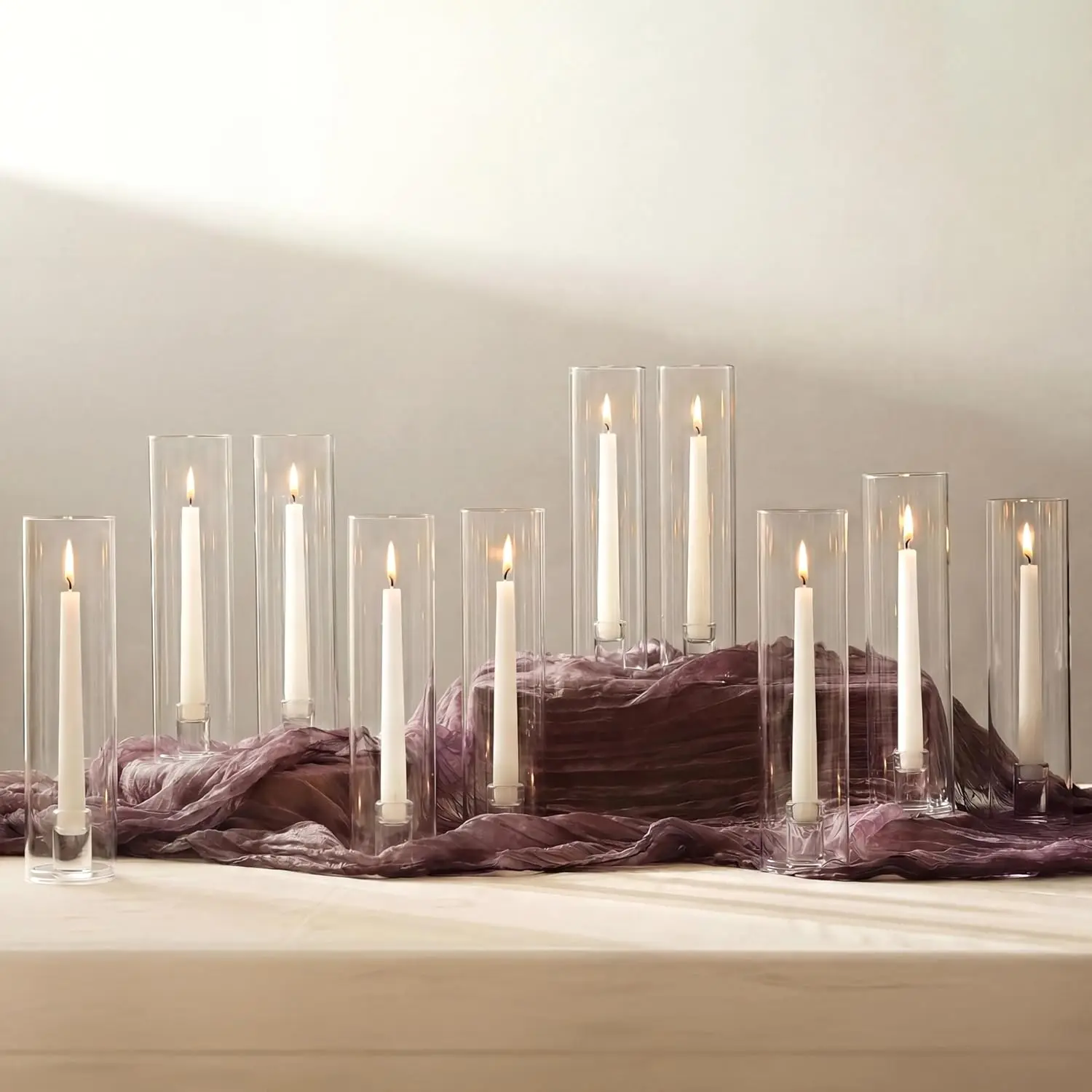 

Set of 10 Glass Hurricane Taper Candle Holders with Cylinder Sleeves for Thanksgiving Christmas Party Decor