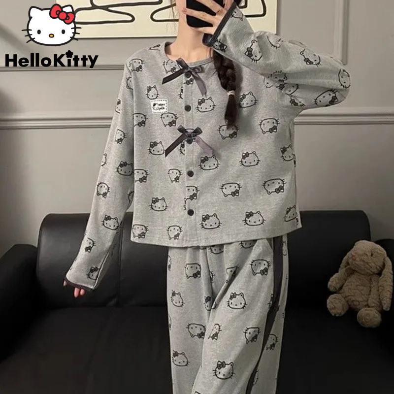 Sanrio Hello Kitty Cartoon Printed Sleepwear Women\'s Spring Autumn New Long Sleeved Pants Set Sweet Cute Y2k Girl Home Wear Suit