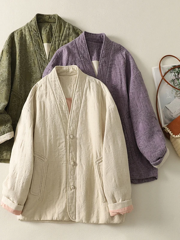 الرجعية الصينية زر القطن Jaet شتاء جديد Sle عادية الدافئة الأزهار التطريز ملابس خارجية Thiened طويلة Sve V-Ne معطف