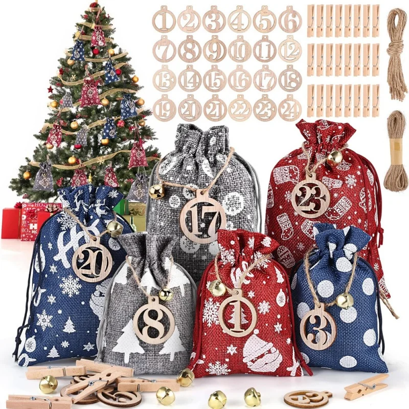 

24Pcs Christmas Advent Calendar Burlap Bags - Drawstring Hanging Sacks for DIY Xmas Countdown, Candy Gift Bags for Home Party