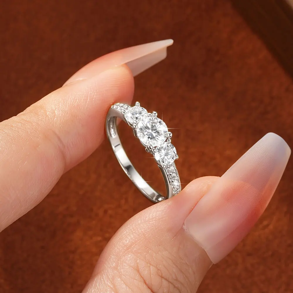 Celestinova Round Moissanite Three Stone Ring GRA Certified 14K Gold Plated Engagement Wedding Bridal Jewelry For Women