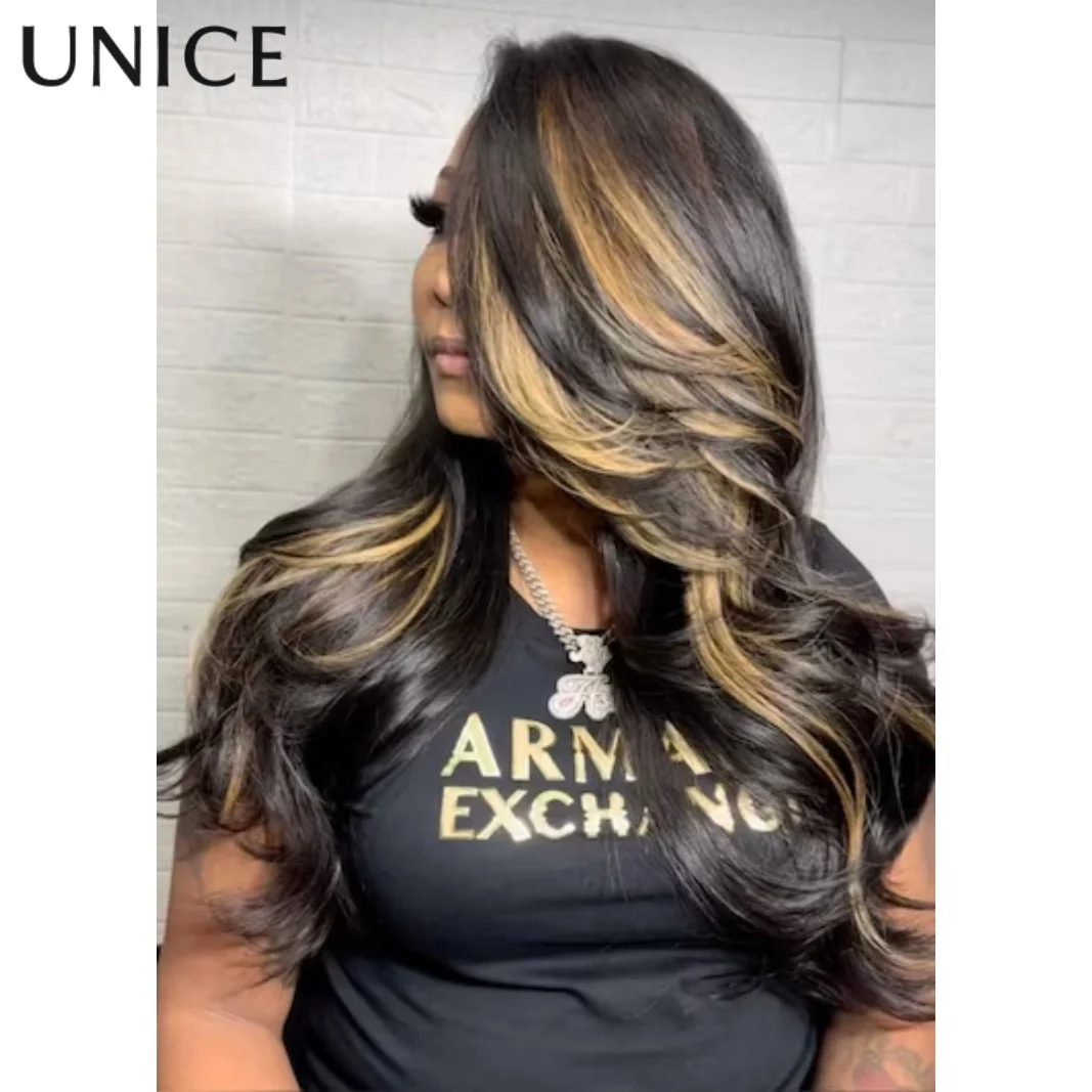 Unice 7x5 nós de bye-bye renda onda solta caramelo destaques marrom com rosto livre enquadramento franja peruca de cabelo humano 150% densidade
