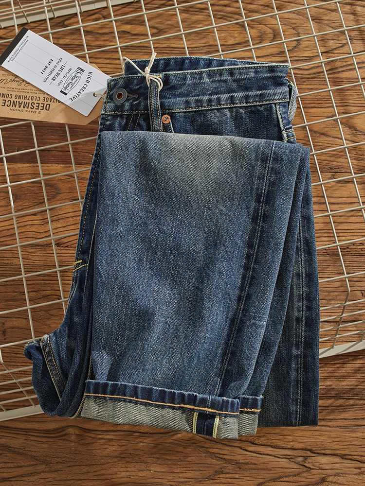 Jeans denim Selv da uomo autunno inverno gamba dritta casual pantaloni lunghi retrò con baffi vintage di grandi dimensioni