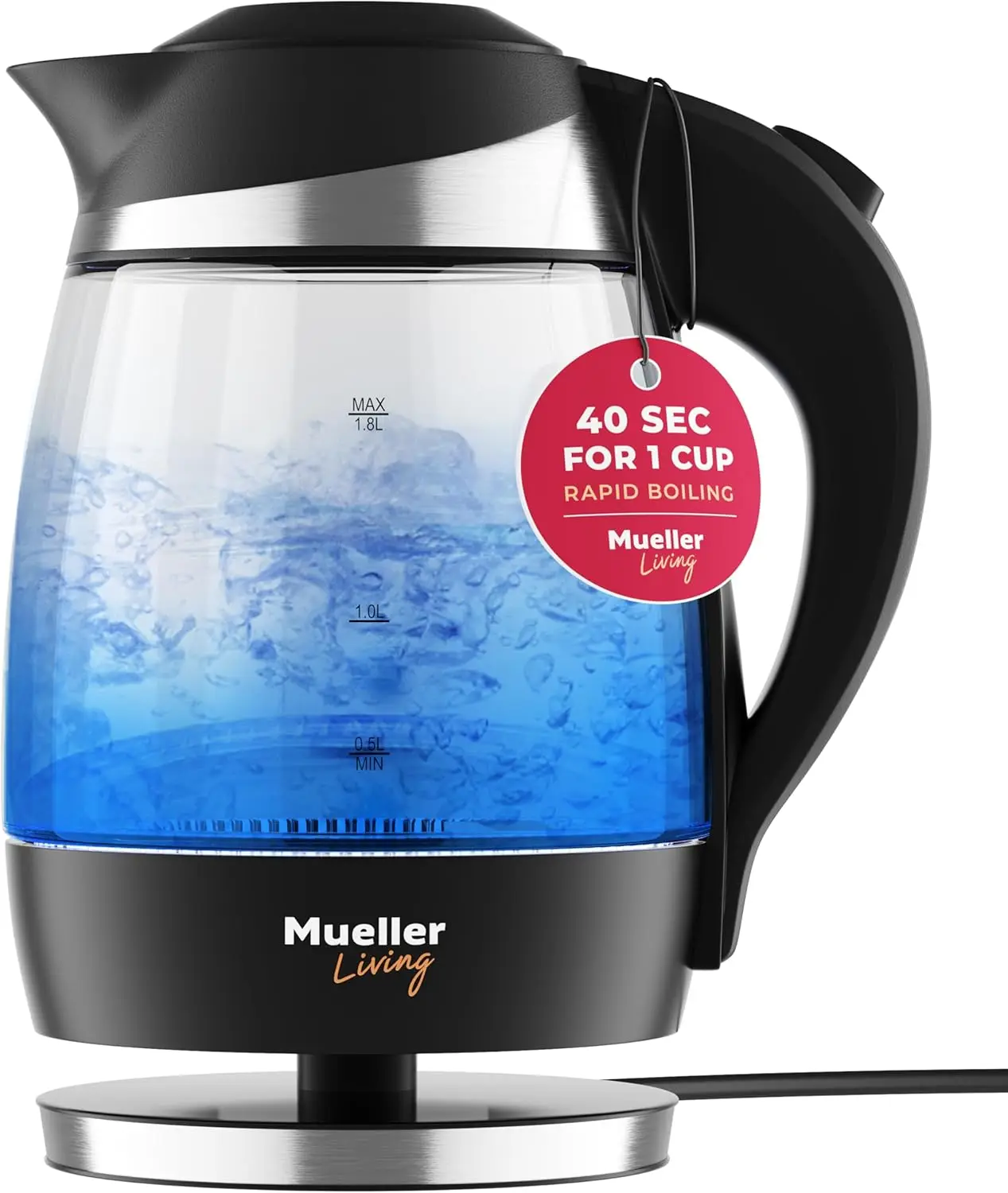 

Electric Glass Tea Kettle, 1.8L Cordless with Auto Shutoff, Fast Boiling for Hot Water, BPA Free