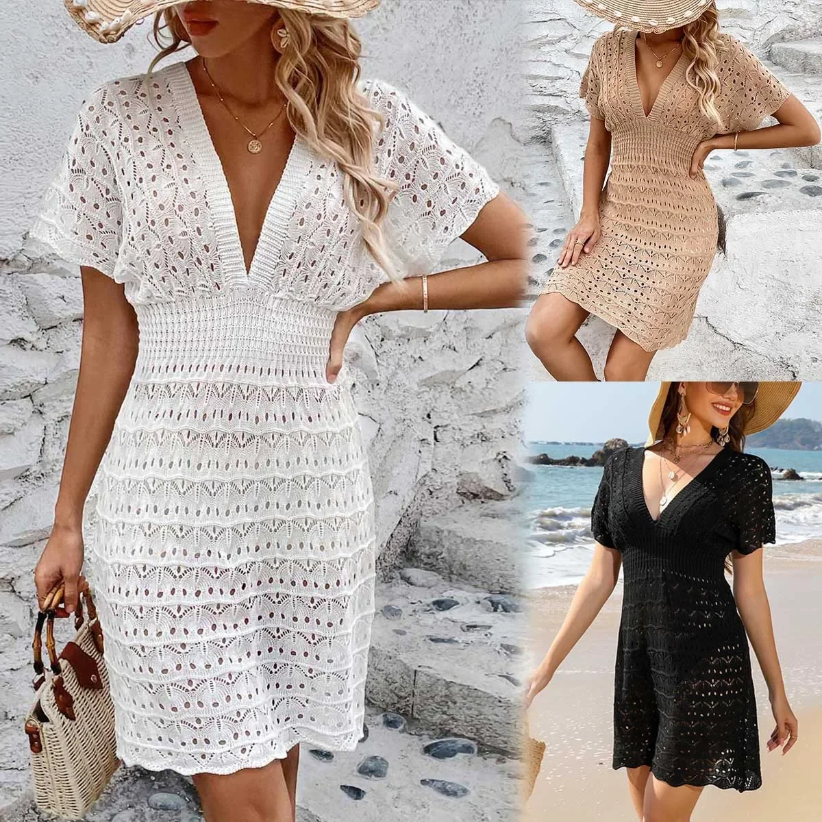 

Cutout Crochet Swim Cover Up For Women Summer Bikini Sets V-neck Short Sleeve Beach Tunic Mini Dress Summer Beachwear