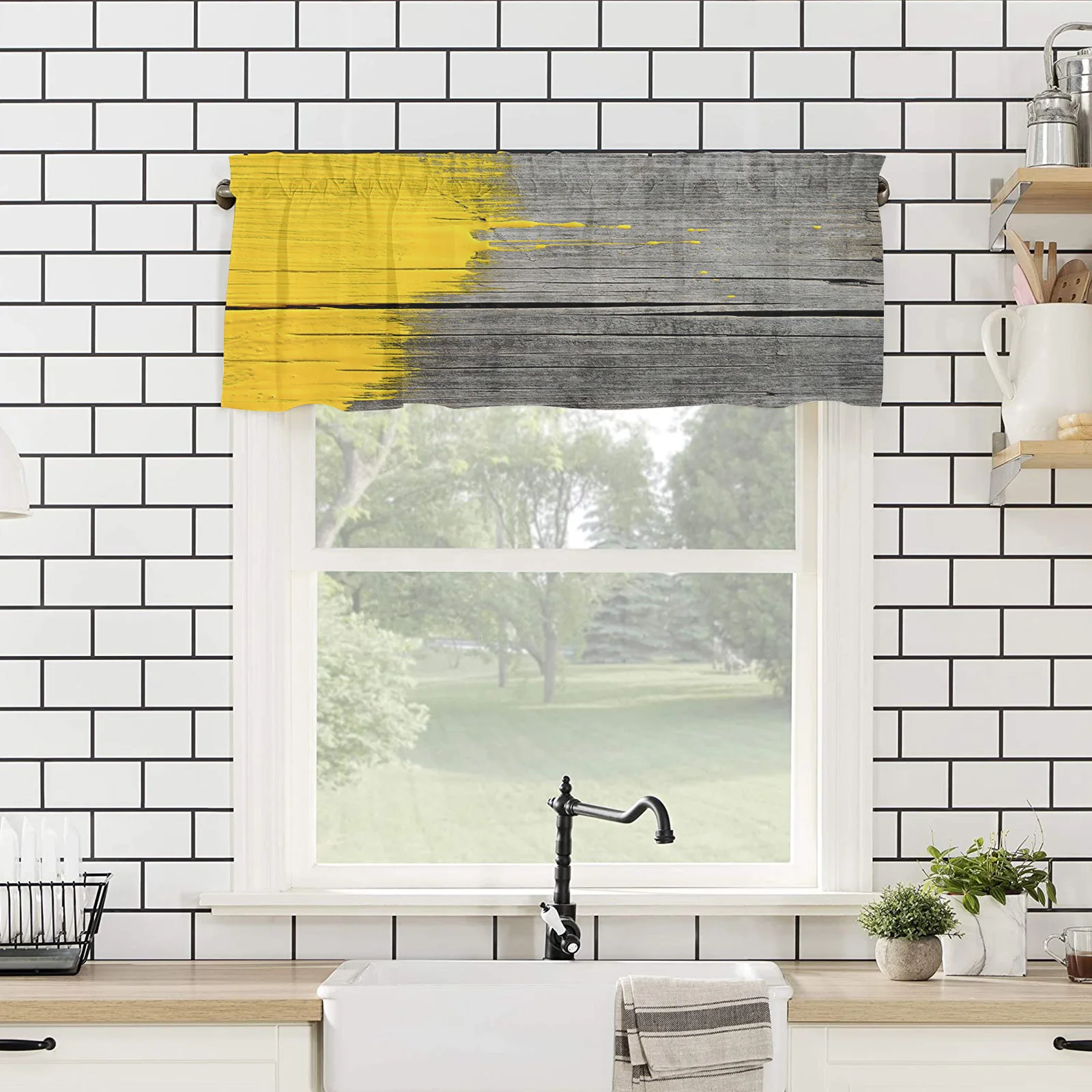 ZEDLIYU Valances for Windows Kitchen Living Room Small Window Valance Yellow Paint Gray Wooden Plank 1 Panel