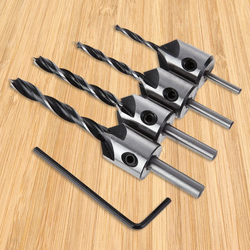 Broca escareadora de três pontas para carpintaria, 4 unidades, 3-6mm hss conjunto de brocas escareadoras 5 flauta reamer chanfro para carpintaria