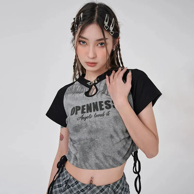 Women Korean Style Crop Tops Tees Vintage Letters Print Slim Summer T-Shirt Fashion Harajuku Streetwear Short Sleeve Clothes