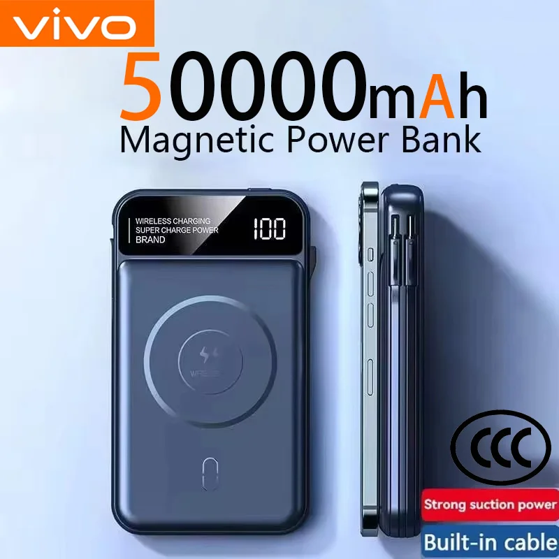 باور بانك VIVO بقدرة 50000 مللي أمبير في الساعة باور بانك مغناطيسي لاسلكي سريع الشحن شاحن Magsafe أسلاك مدمجة بطارية متنقلة لشاومي