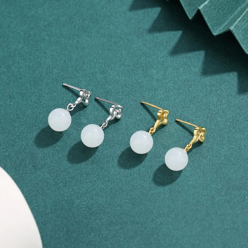 

Chinese-Style Natural Hetian Jade Earrings 925 Silver Earrings Vintage Jade Round Bead Water Drop Earrings Women'S Jewelry