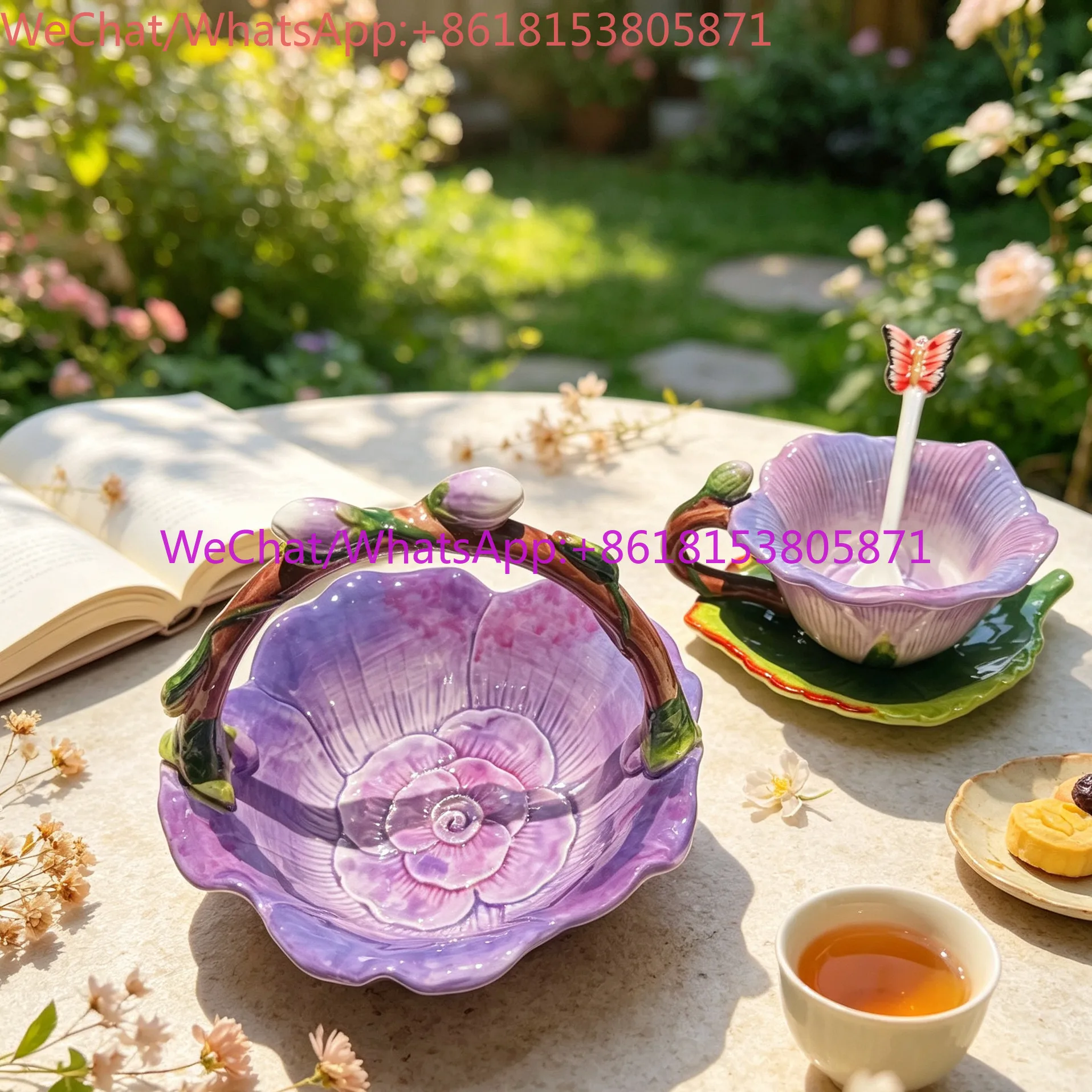 Ceramic rose flower shape fruit tray tea set handmade teacup fruit basket outdoor