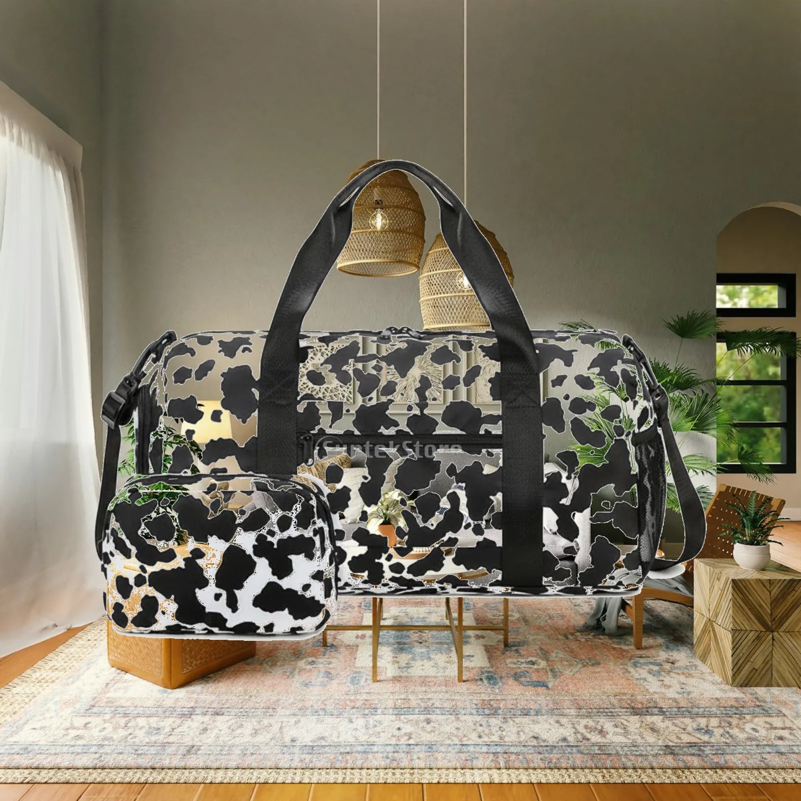 2 Pieces Cow-Print Duffel Bag Multiple Pockets Tear-Resistant Travel Bag Set
