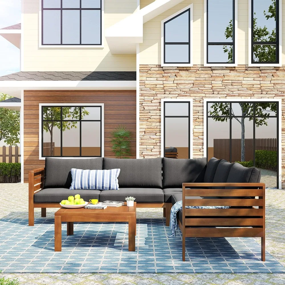 4 Piece Patio Acacia Wood Furniture Set, Outdoor Sectional Conversation Set with Cushions, L Shaped Corner Sofa Set for Garden