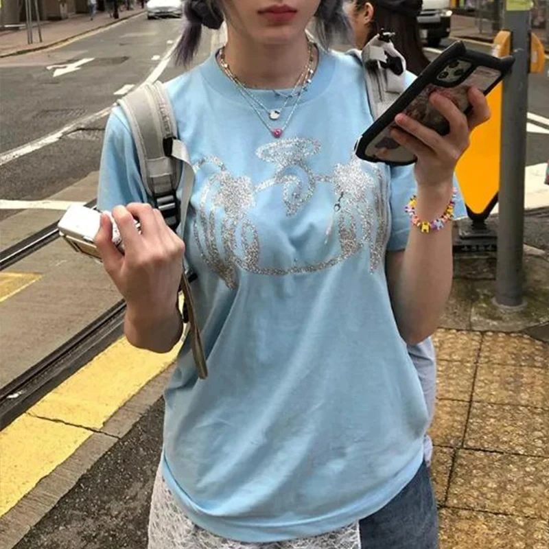 

Корейская версия 2000-х годов, повседневная футболка с короткими рукавами и принтом из мультфильмов, женская летняя мода, модный топ в стиле Харадзюку для милых девочек