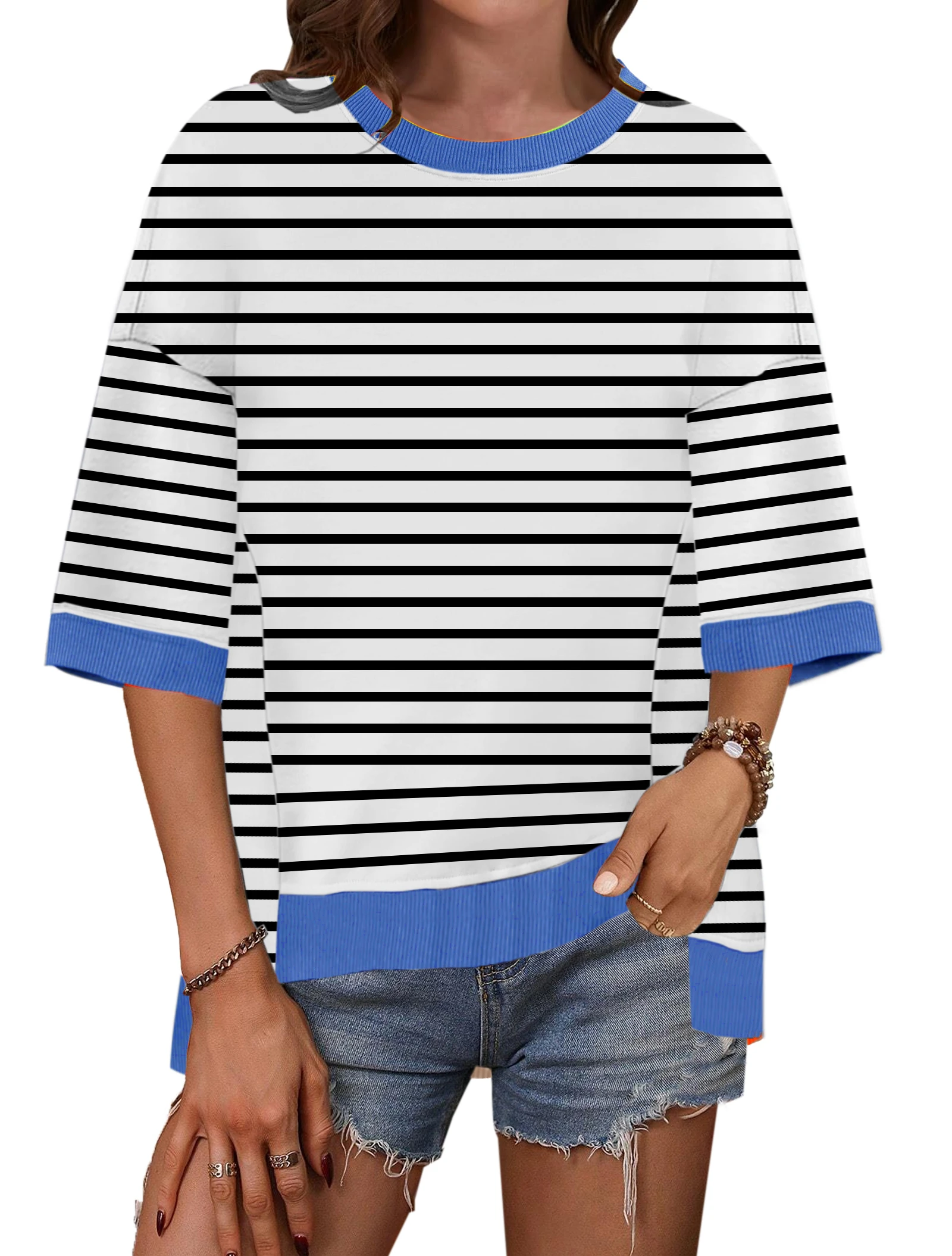 

Women's Striped Shirt Crewneck Pullover T Shirts Half Sleeve Summer Autumn Casual Loose Fit Tops Streetwear