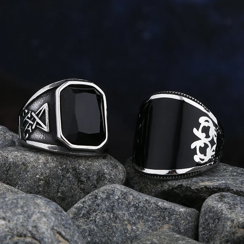 Simple Fashion Stainless Steel With Black Agate Stone Rings For Men Women High Quality Wedding Jewelry Gifts Dropshipping