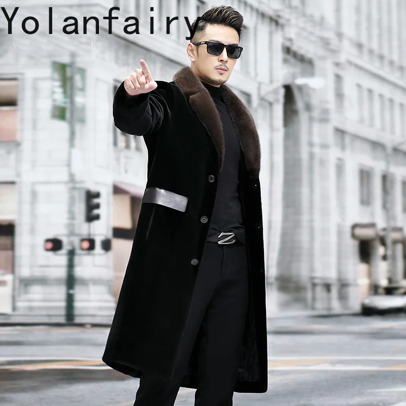 

YOLANFAIRY 100% Wool Natural Mink Fur Coat Real Feather Jackets Mink Collar Jacket Men Long Length Winter Down Clothes 2024