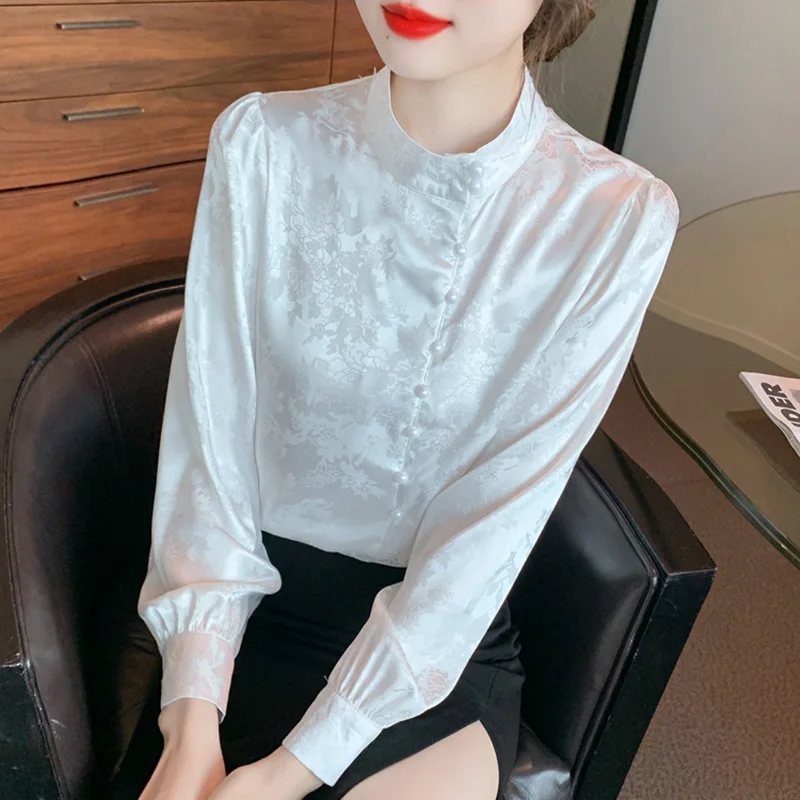 

Осень 2021, винтажный стиль, женские блузки с воротником-стойкой и длинными рукавами, рубашка, модные элегантные свободные офисные женские топы с бисером